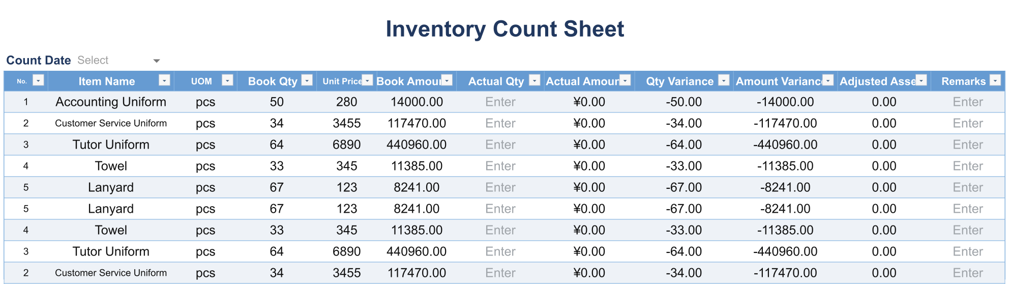Inventory Count Sheet
