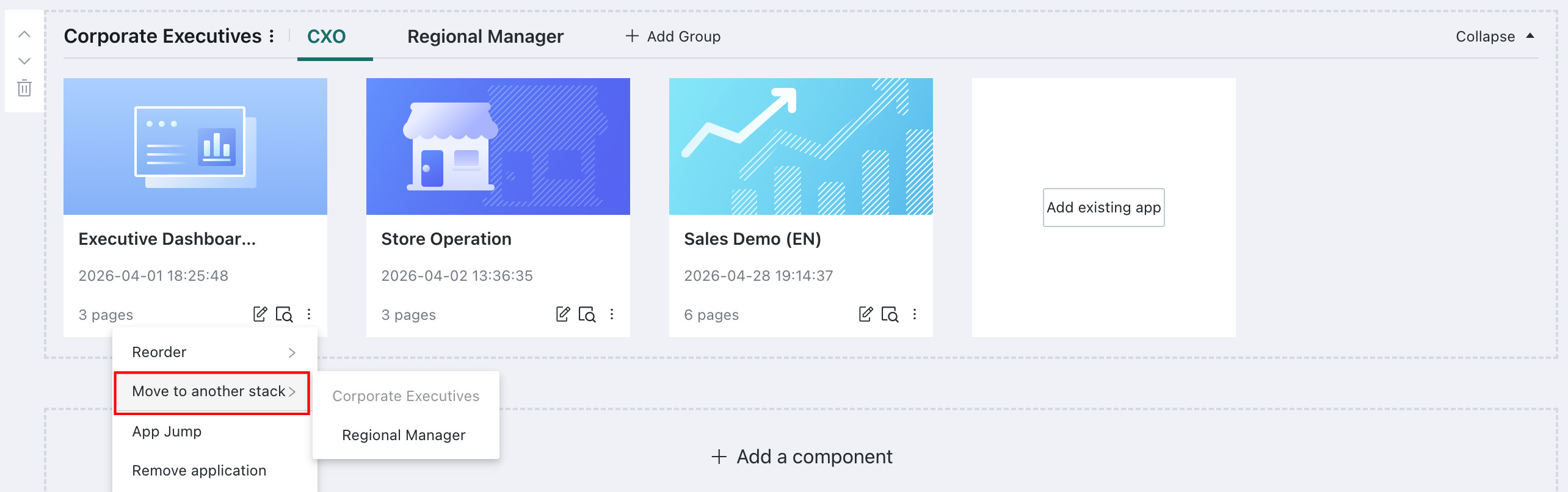 Move apps in an app component