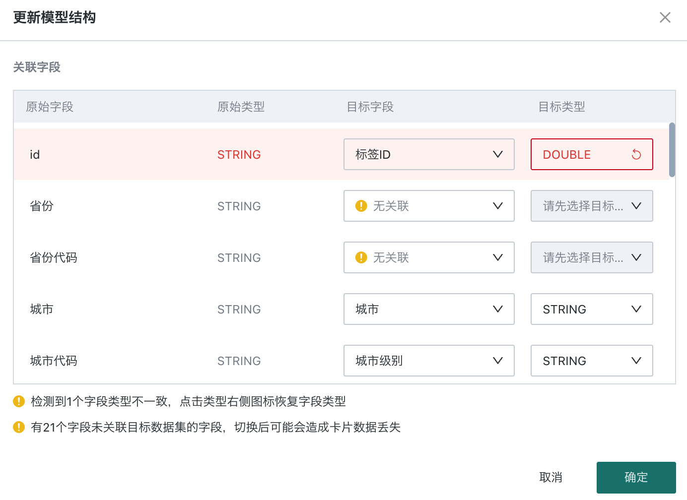 模型结构字段类型确认