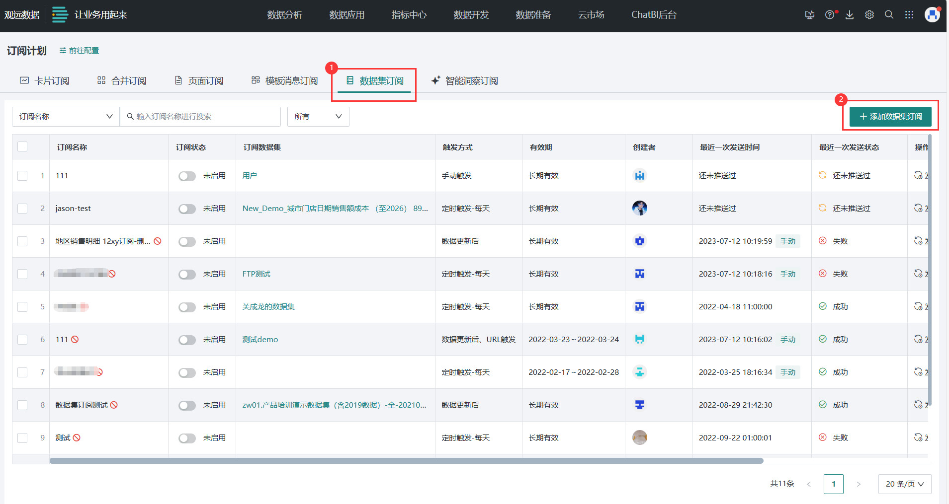 添加数据集订阅