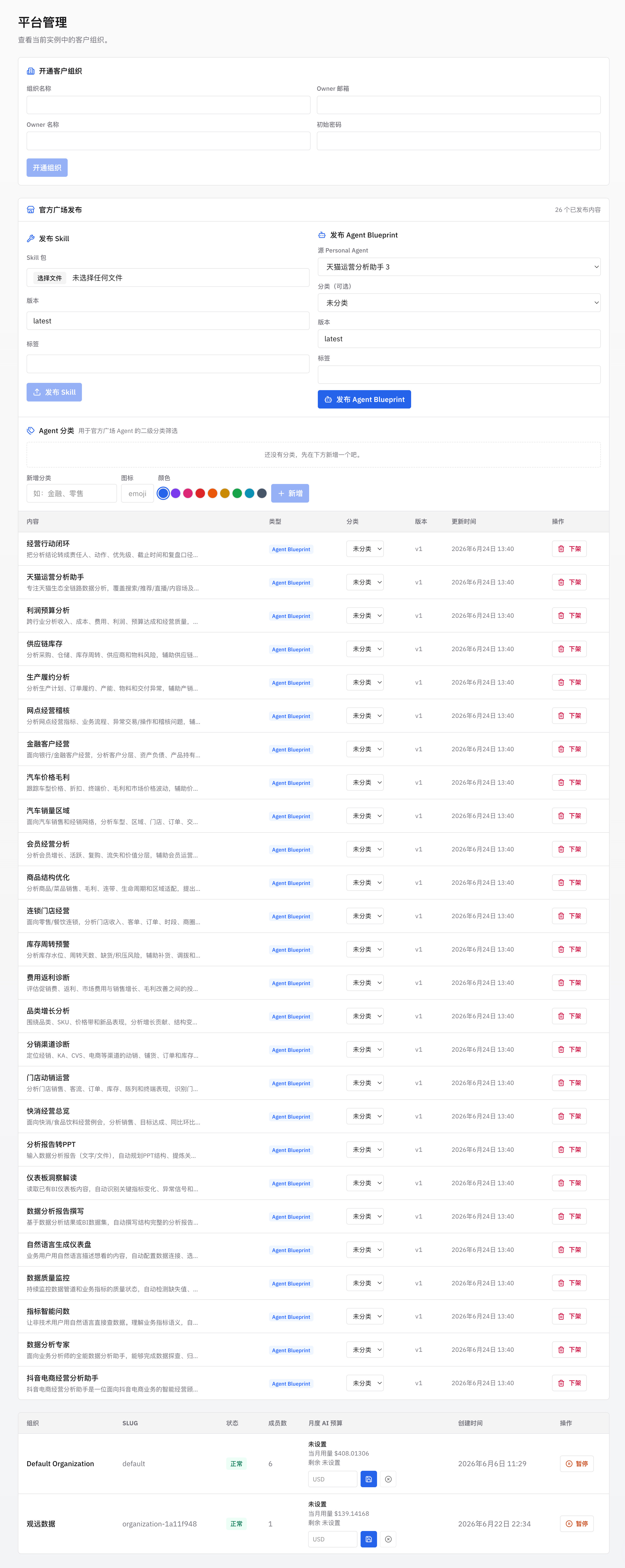管理后台平台管理页，展示开通组织、发布 Skill 和 Agent Blueprint 入口